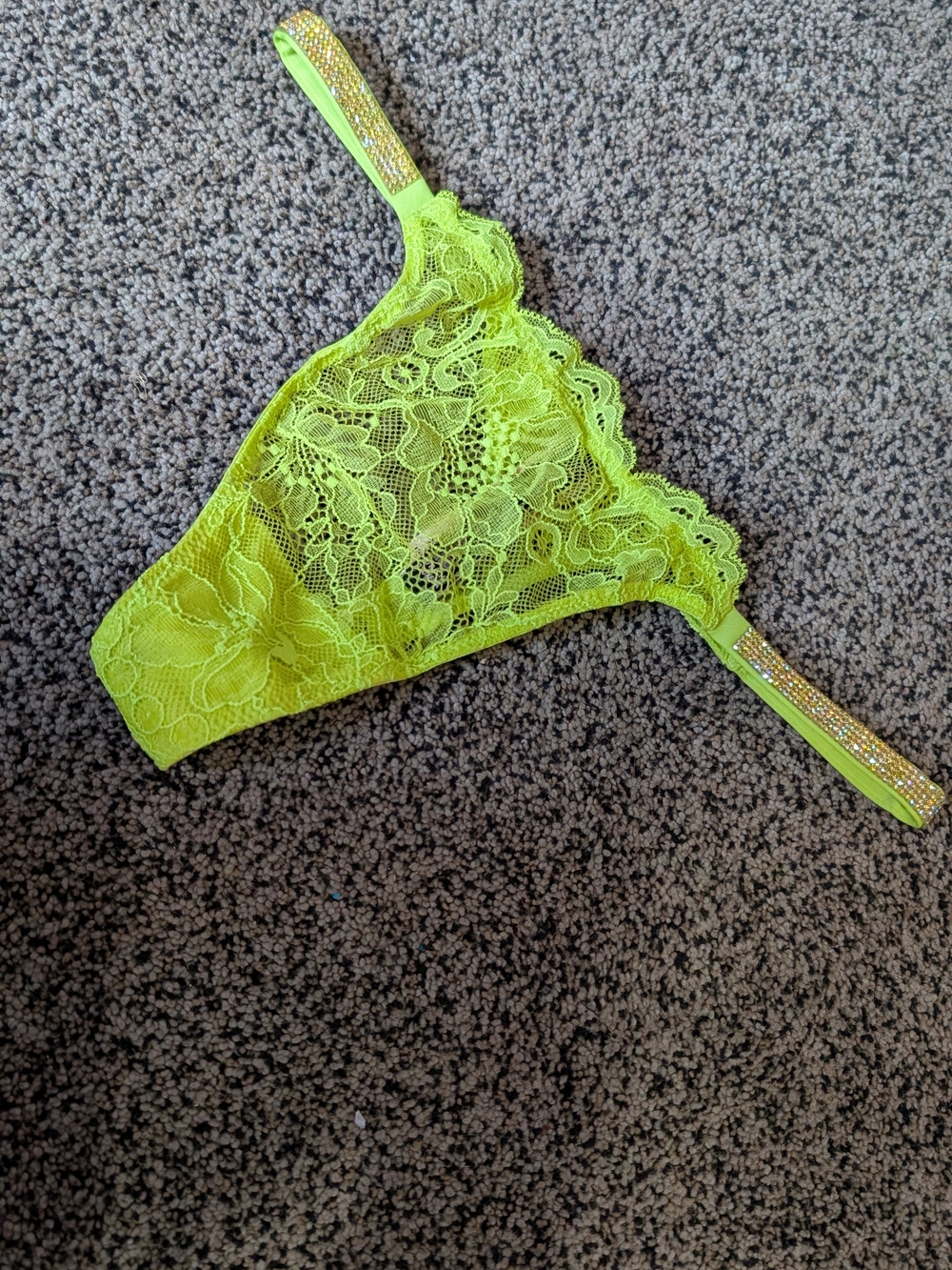 Victoria's Secret Neon Lime Lace Thong with Rhinestone Strap